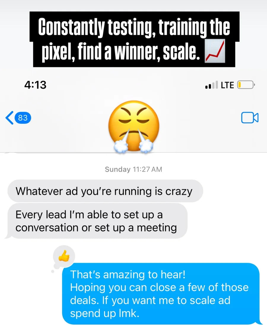Client message explaining advertising leads became conversations and meetings