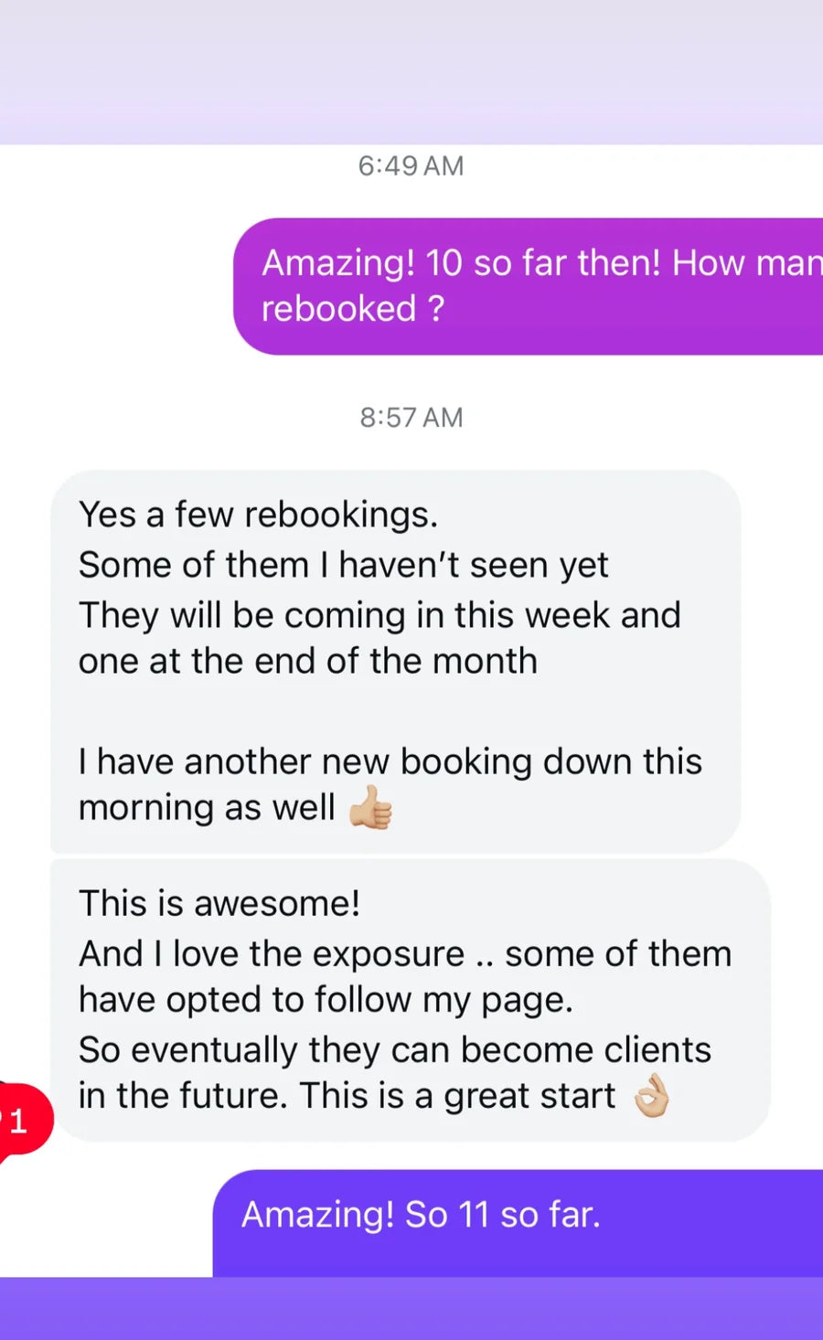 Beauty client reporting eleven bookings, rebookings and increased exposure