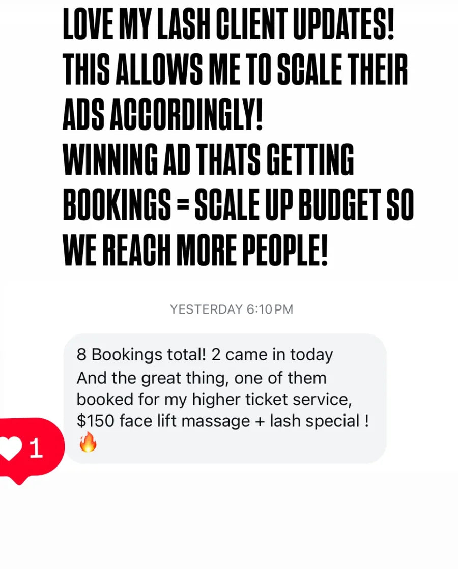 Beauty client reporting eight bookings including a higher-ticket service