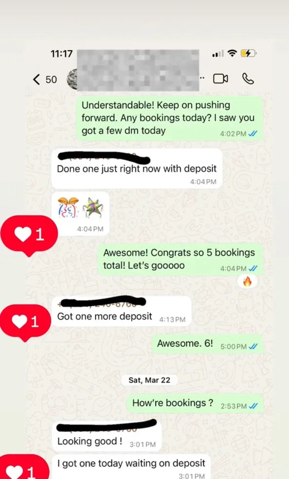 Beauty client booking updates showing deposits and growth from five to seven bookings