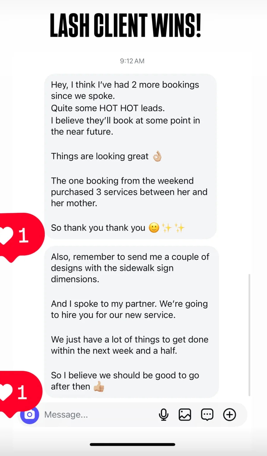 Beauty client reporting hot leads, bookings, three services purchased and plans for another service